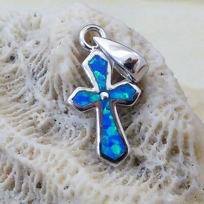 #ad REAL STERLING SILVER CROSS PENDANT WITH BLUE OPAL INLAY