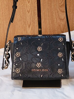 #ad Michael Kors Sofia Small Leather Floral Studded Crossbody Bag Blk Gold