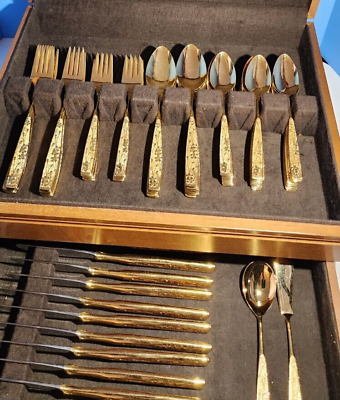 #ad Oxford Hall Japan Vintage Gold Plated Stainless Flatware Set 72 pc With Box OXHO