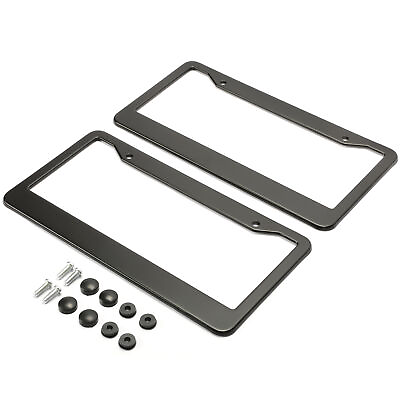 #ad 2PCS Black Stainless Steel License Plate Frame Tag Cover Metal With Screw Caps $7.40