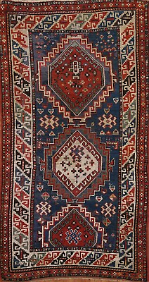 #ad Pre 1900 Antique Vegetable Dye Russian Kazak Area Rug 4#x27;x7#x27; Handmade Tribal Rug