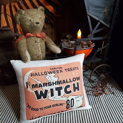 #ad CUTE VINTAGE RETRO PRIMITIVE STYLE HALLOWEEN WITCH ADVERTISING CANDY BOX PILLOW