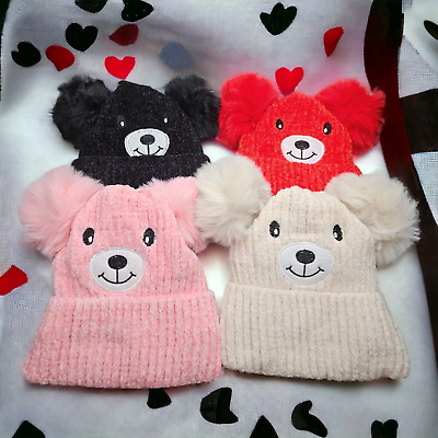 #ad Cute Kids Knit Teddy Bear Pom Pom Beanie Warm Sherpa Lined Warm Winter Hat Gift