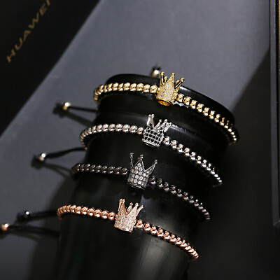 #ad Big Sale Fashion Cubic Zirconia Pave King Crown 4MM Copper Beaded Mens Bracelet