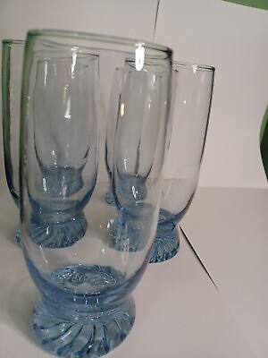 #ad Clear Blue Glasses 5 Coolers Drinking Glasses Twisted Foot Flat Bottom 6.5in