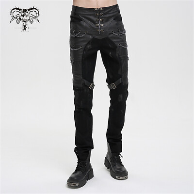 #ad Devil Fashion Black Gothic Punk Metal Buckle Chain Long Fitted Pants For Men