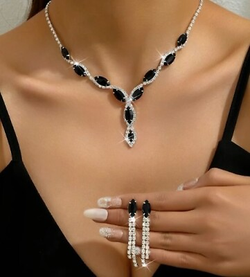 #ad Bridal Prom Necklace Set Crystal Black Beads Earrings Silver Elegant Jewelry Set $13.95