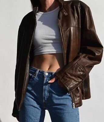 #ad Women Oversize 90#x27;s Motorcycle Vintage Style Brown Bomber Biker Leather Jacket