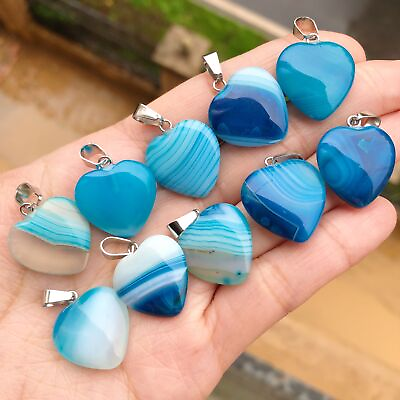 #ad 10pcs Blue Agate Gems Stone Heart Pendants Chakra Reiki Healing Amulet Gift