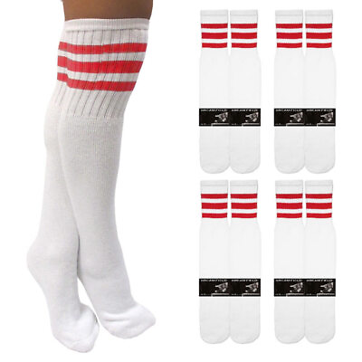 #ad 4 Pairs Knee High White Tube Socks Long Athletic Cotton Red Stripes Sports 10 15