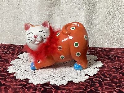 #ad VTG Kitschy Funky amp; Wild Colors Cat With Feather Collar Hand Painted