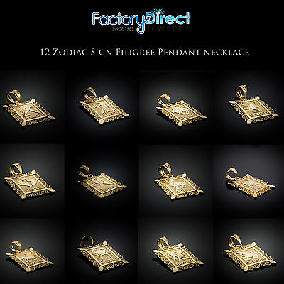#ad 12 Horoscope Zodiac Sign Filigree Square 10k or 14k Yellow Gold Pendant Necklace