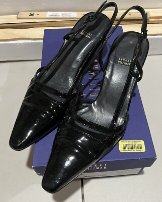 #ad Stuart Weitzman Size 7 Black Slingding Leather Closed Toe Strappy Slingback Shoe