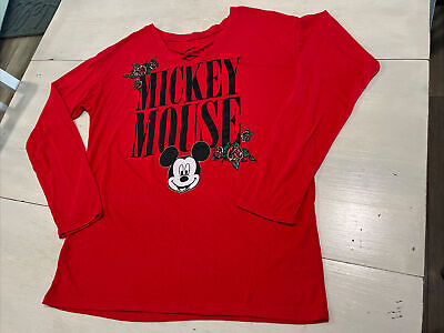 #ad Disney Mickey Mouse Long Sleeve Red Top w roses Size M 7 9 NWOT