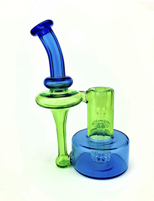 #ad 8.5” Blue amp; Green Double Perc Recycler Water Pipe Hookah Bubbler Bong￼ 14MM