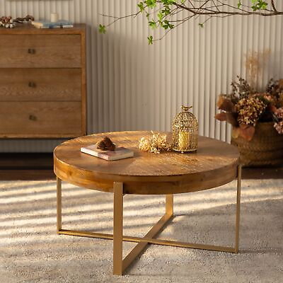 #ad Modern Retro Splicing Round Coffee Table Fir Wood Top Gold Cross Legs