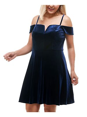#ad CITY STUDIO Womens Navy Velvet Spaghetti Strap Short Fit Flare Dress Plus 20W
