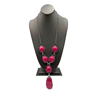 #ad Silver Tone Curb Chain Pink Acrylic Nugget Design Fashion Pendant Necklace