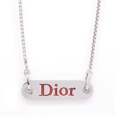 #ad Christian Dior Authentic Logo Bar Plate Vintage Necklace Adjustable Silver Color