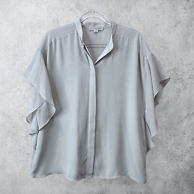 #ad All Saints Top Women#x27;s Large Boxy Fit Flutter Sleeve Gray Chiffon Button Up