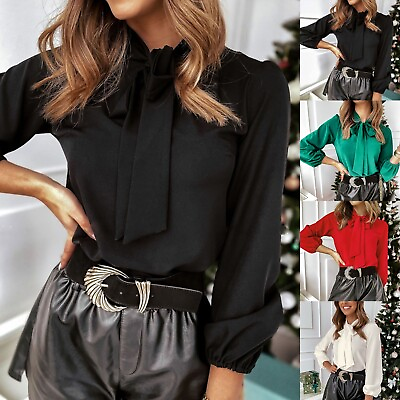#ad Women#x27;s Silk Blouse Bow Tie Neck Long Sleeve Satin Shirt Casual Office Shirt Top