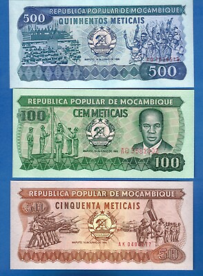#ad Mozambique P 129 P 130 P 131 50 100 500 Metricais Uncirculated Banknotes Set # 3