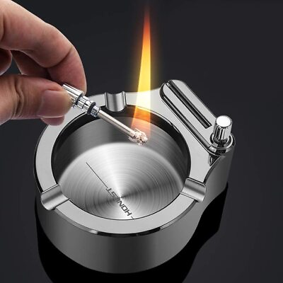 #ad Ashtray Stainless Steel Ashtray with Permanent Match Lighter Modern Tabletop Ash