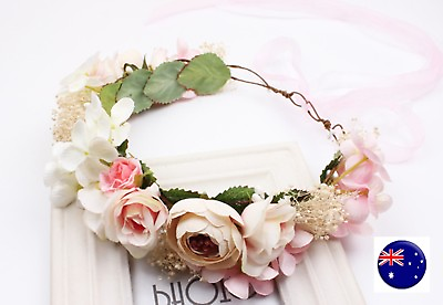 #ad Women Flower Girl BOHO wedding Pink Flower Hair Headband crown Prop Garland