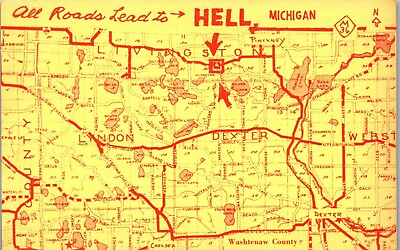 #ad Vintage Michigan MI Postcard All Roads Lead to Hell Humor Map c1950
