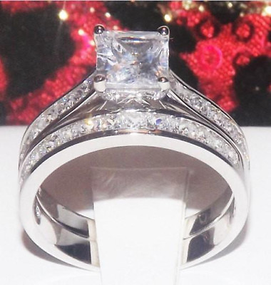 #ad 3.6C PRINCESS CUT DIAMOND SIMULATED WEDDING RING SET ENGAGEMENT BRIDAL SET 5 9