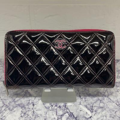 #ad Chanel Double Stitch Coco Mark Black Pink Enamel Coco Logo w Storage Bag Boxed