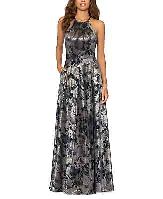 #ad Betsy amp; Adam Women#x27;s Long Gown Size 6P Sleeveless Halter Metallic Floral Navy