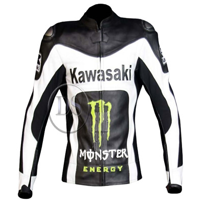 #ad Men#x27;s Black amp; White Kawasaki Motorcycle Genuine Leather Biker Speed Hump Jacket