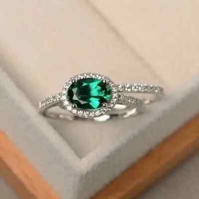 #ad 2Ct Oval Cut Emerald Halo Bridal Lab Created Diamond Ring 14K White Gold Plated
