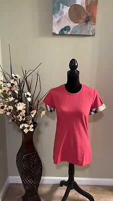 #ad Burberry Womens Check Cuff Short Sleeved Tee Shirt Bright Rose