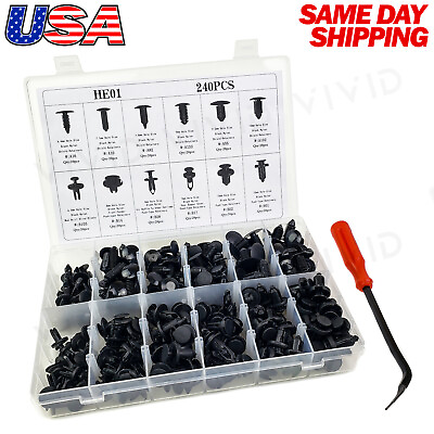 #ad 240pc Plastic Rivets Fastener Fender Bumper Push Clips with Tool for Ford Cars
