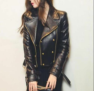 #ad Women#x27;s Black Moto Style Genuine Leather Motorcycle Slim fit Biker Jacket