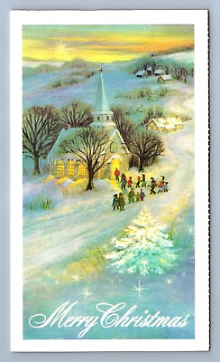 #ad Postcard Vtg Christmas Holiday Snowy Church And Attendees Winter