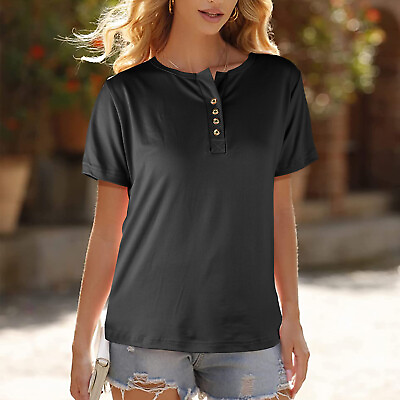 #ad Womens T shirts V Neck Short Sleeve Tops Solid Color Blouse Slim Fit T Shirt