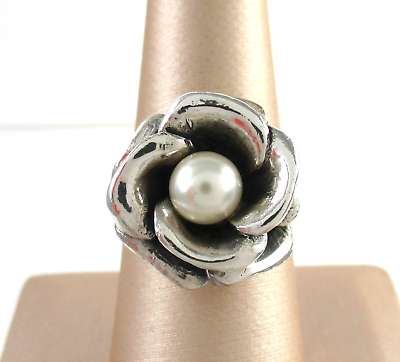 #ad .925 Sterling Silver Pearl Statement Ring Flower Large size 7.5 Marsala