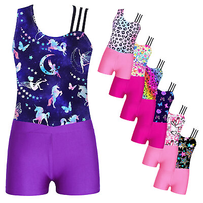 #ad Kids Girls Printed Gymnastics Dance Sleeveless Leotard with Shorts Outfits