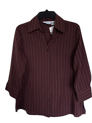 #ad Joanna Womens ¾ Sleeve Button Up Shirt Brown Striped Polyester Sz M NEW