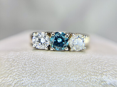 #ad Vintage 14k Yellow Gold Fancy Vivid Blue Round Diamond Three Stone Ring 1 TCW