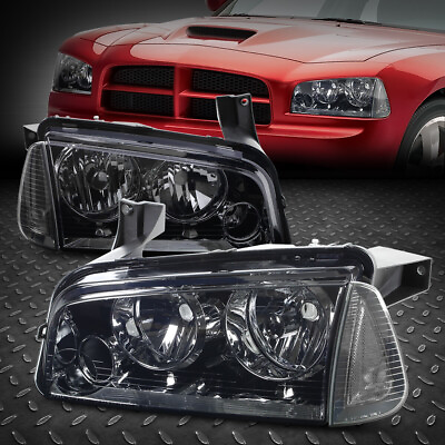 #ad FOR 06 10 DODGE CHARGER SMOKED HOUSING CLEAR CORNER HEADLIGHT REPLACEMENT LAMPS
