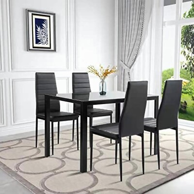 #ad 47quot; Black Tempered Glass Dining Tableamp;4pcs Black Faux Leather Dining Chairs Set