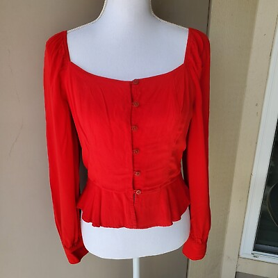 #ad GB Button Up Crop Top Womens Medium Red Square Neck Ruffled Balloon Sleeve