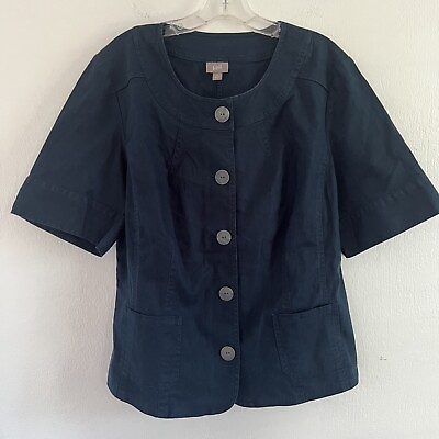 #ad J Jill Blue Band Collar Button Up Short Sleeve Jacket Linen Blend Women’s 16