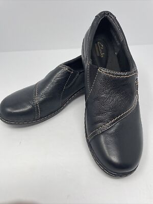 #ad Clarks Ashland Black Leather Slip on Loafer 8.5M Women