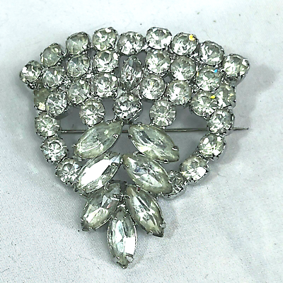 #ad Large Rhinestone Clear Crystal Brooch Pin Silver Tone Vintage