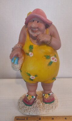 #ad Vintage Figurine Chubby Beach Lady With Beach Bag. Comical Detailed